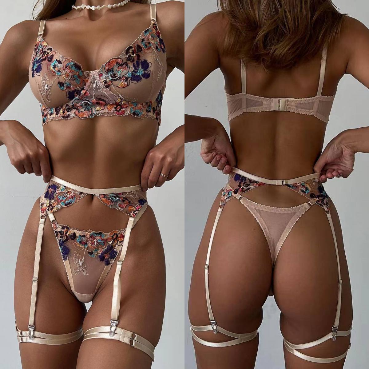 Luxury Skincare Gift Set For Women - Krasapt Luxury Embroidery See-through Lingerie 4Pcs